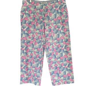 Vineyard Vines Pineapple Print Pant Women's 10 Linen Blend Crop Preppy Pink Blue